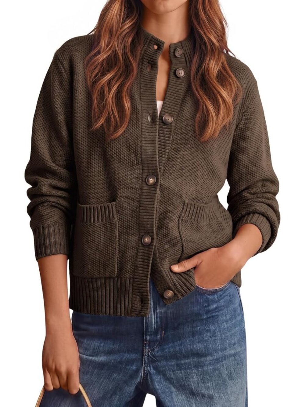 Cozy Women's Chunky Cardigan - Long Sleeve, Button Down, Mock Neck Sweater